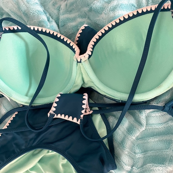 Shade & Shore Teal Crochet Trim Bikini 2-pc Swimsuit 34C Top & Small Bottom - Picture 10 of 10